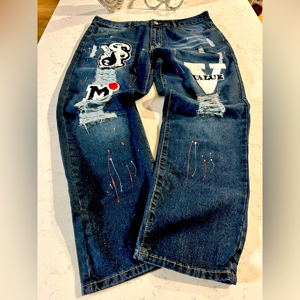 Dark Blue Fashion Embroidered Jeans